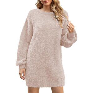 Cozy Furry Oversized Pullover Mini Dress with Lantern Sleeves for Women
